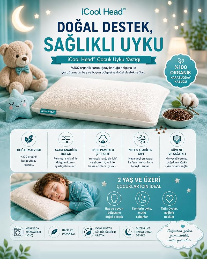 iCool Head Organik Karabuğday Kabuğu Dolgulu Çocuk Yastığı, Bebek Yastığı, Çocuk Baş Boyun Destek Yastığı, Uyku Yastığı (2 Yaş+)