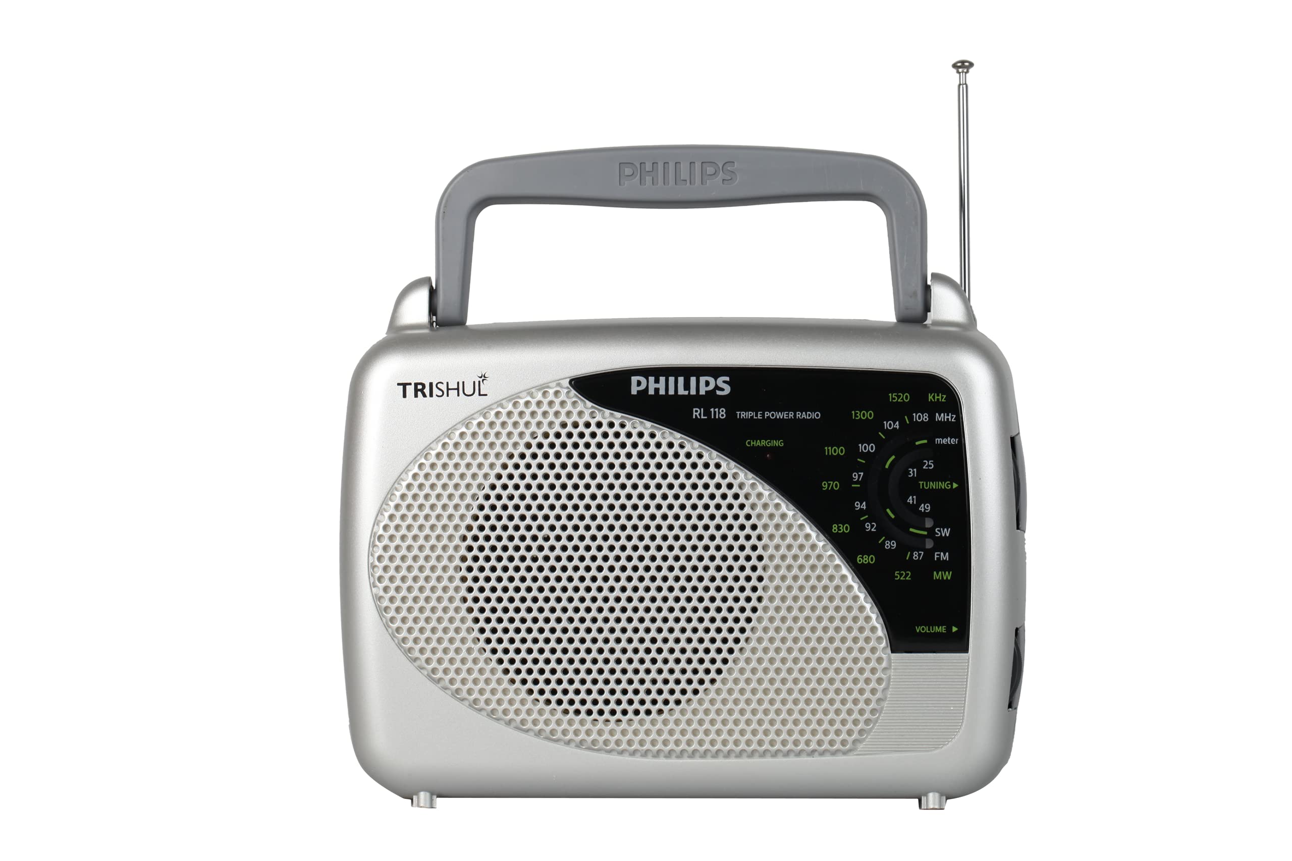 Philips Portable Radio RL118/94 3-in-1 Power Source (Li-ion Rechargable Battery, 3V DC & 230V AC), FM/AM Radio, 200mW RMS Sound Output, Telescopic Antenna, Manual Tuning