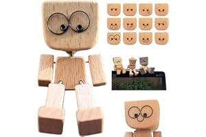 Simsky Charmante Kleine Holzfigur, Schüttelnde Holzmann-Figur, Wackelmann Mit Wackelfüßen die mit 12 magnetischen Ausdrücke schwankt, Handgefertigte Wackelnde Füßen Holzpuppe Auto Ornamente