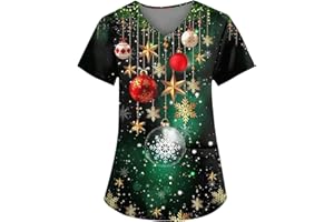 DIYIOUZHOU Christmas Scrubs Tops Nurse Xmas Printed Scrub Festival Short Sleeve V Neck Durable Work Uniform with Pockets
