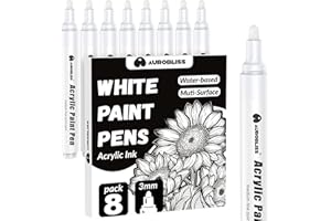 Aurobliss Marqueur Blanc indelebile 2-3mm, 8 Stylo Feutre Blanc pour Verre, Ardoise, Metal, Bois, Galets, Pneus Marqueur Feutre Acrylique Permanent Pointe Large