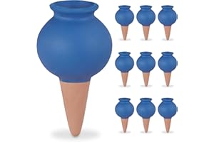 Relaxdays Tonkegel 10er Set, Zimmerpflanzen & Balkonkästen, automatisches Gießen, Keramik, Gießkegel, blau/terrakotta
