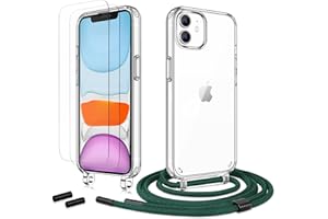 Anshow Handykette für iPhone 12/12 Pro Hülle mit Band + 2 Schutzfolie, Robust Necklace Extrem Stoßfest Handyhülle iPhone 12/12 Pro Case Transparent Schutzhülle zum Umhängeband Abnehmbar, Alpingrün