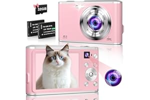IXNAIQY 4K Digital Camera 48MP Autofocus Cameras for Photography Compact Camera with Dual Front and Rear Camera, Point and Shoot Cameras with16X Digital Zoom, 32GB TF Card & 2 Batteries-Pink