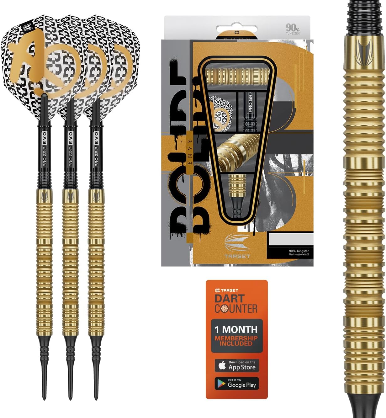 Target Darts Bolide Envy 90% Tungsteno Punta Blanda Dardo Set (Barrel 10), 18G/21G | N.º 6 Vuelos y Pro Grip EVO Ejes, Electrónico Pixel Tips Incluido | Profesionales Dardos Sets