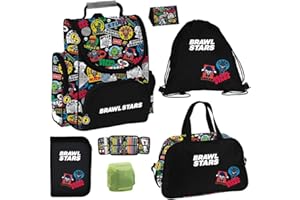 FAMILANDO Brawl Stars Lot de 6 cartables avec trousse et sac de sport Star Garçon, Noir