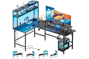 ‎HLONONE HLONONE Gaming Table with LED, 150 x 100 cm Corner Desk with 3 Sockets and 2 USB, Reversible Gaming Desk L Shape, Computer Desk with Monitor Stand and Countertop Shelf, Carbon Fibre Black