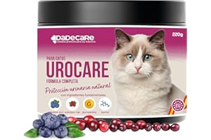 DADECARE Urocare - Suplemento Urinario 220gr para Gatos – Arándano Rojo y Azul con Glucosamina – Favorece Vejiga Sana y pH Equilibrado – Ideal en Casos de Cistitis Felina y Estrés – Polvo Fácil de Mezclar