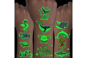 CHARLENT Tatuaggi di Animali Marini Luminosi per Bambini - 14 Fogli Tatuaggi Temporanei di Creature Sottomarine Che Brillano Al Buio per Ragazzi E Ragazze Bomboniere per Feste di Compleanno