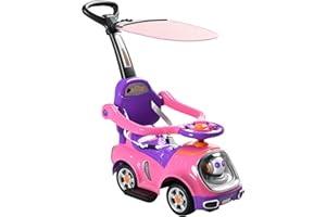 AIYAPLAY 3 in 1 Ride on Push Car, Cartoon Robot Theme Foot to Floor Slider, Baby Push Along Car with Parent Handle, Light Music Horn, Underneath Storage, for Boys Girls 12-36 Months - Pink