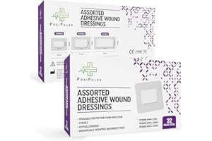 Posi Pulse Assorted Adhesive Wound Dressings - 32 Packs for Protection from Infection, Sterile Individually Wrapped, Hypoallergenic, Breathable, Absorbent for Cuts, Grazes, Ulcers, Sores