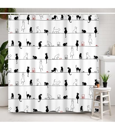 Hnmdmyi Douchegordijn met grappige katten, abstracte zwarte kat silhouet douchegordijnen, grijs mozaïek badkamergordijnen met haken, waterdichte polyesterstof, wasbare badgordijnen voor natte kamer