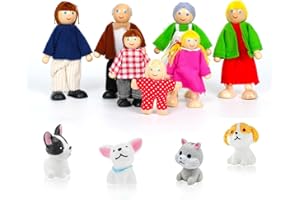 Lonsien Personnage Maison de Poupee Set 11 Pièces Accessoires Maison de Poupee Famille de Poupées en Bois avec Chat et Chien pour Accessoires de Jeu de Rôle et Cadeau