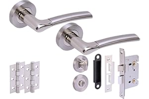 HUNTA HANDLEZONE® Ursa Door Handles on Rose Bathroom Lock Pack with 75mm Ball Bearing Hinges and 76mm Lock - Dual Polished/Satin Nickel