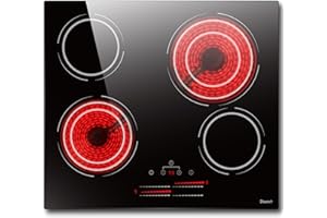 Piano Cottura Vitroceramica 4 Fuochi 60cm 6600W Disaenvir, Piano Cottura Elettrico 4 piastre incasso con Controllo Doppio Anello, Livelli di Potenza 9, Timer, Serratura di Sicurezza per Bambini, Nero