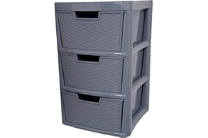 SIDSONS Large Plastic Rattan Style Storage Drawer (Rattan/Grey, 3 Tier)