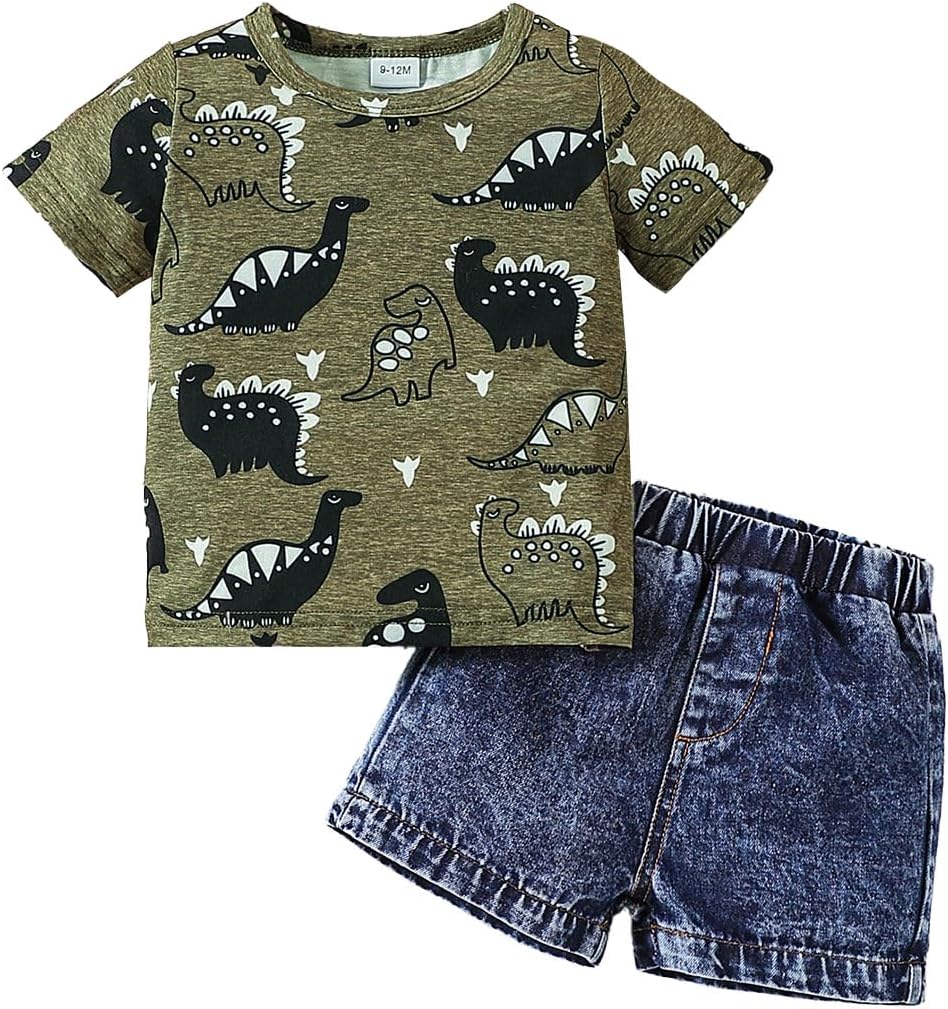 JENJON Ropa de Pequeños Bebé Niño Manga Corta Estampado Bonito Top+ Pantalones Cortos Vaqueros Rotos 2Pcs Conjunto Informal de Primavera y Verano