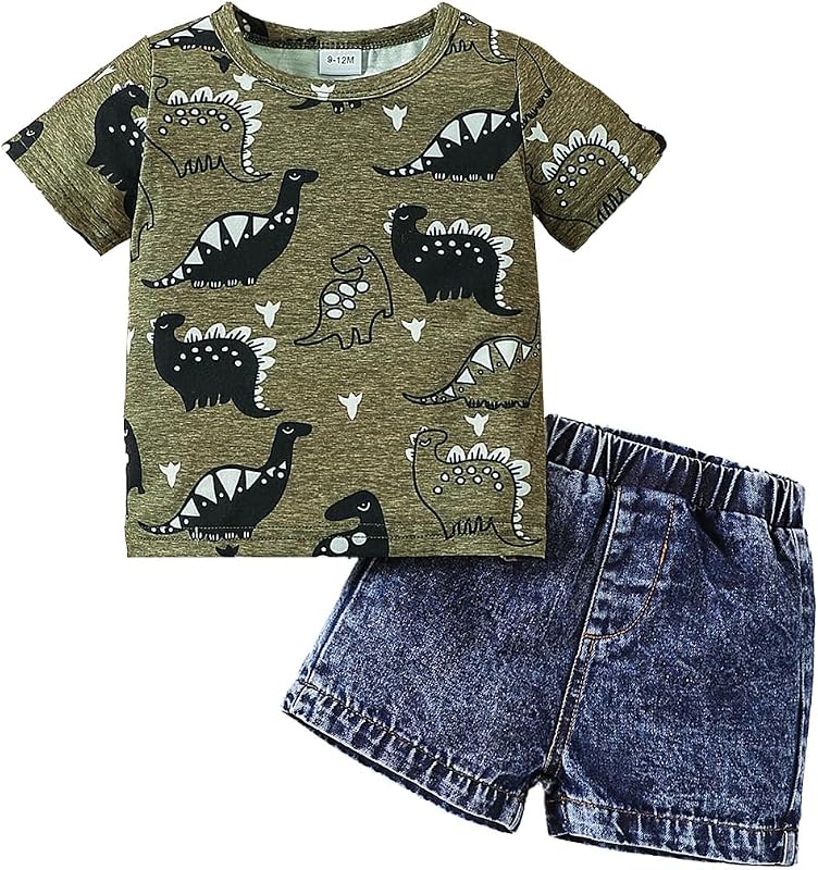 JENJON Vestiti Set per Infantile Bambino Maschio Primaverili Estivi Manica Corta Stampato Carino Maglietta e Jeans Pantaloncini 2Pcs Completo Abiti Outfit