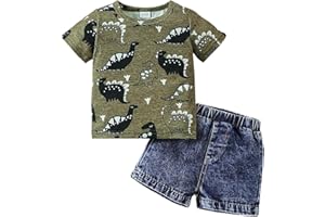 JENJON Ropa de Pequeños Bebé Niño Manga Corta Estampado Bonito Top+ Pantalones Cortos Vaqueros Rotos 2Pcs Conjunto Informal de Primavera y Verano