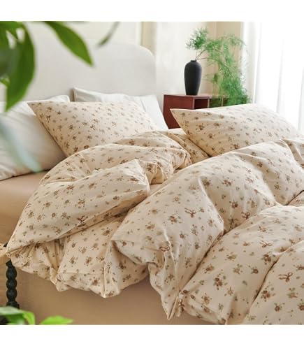 Parure De Lit 3 Pièces Joanna&Seasons 240x220 Cm + 2 Taies 65x65 Cm – Seersucker Floral Doux Respirant Beige, Fermeture Éclair