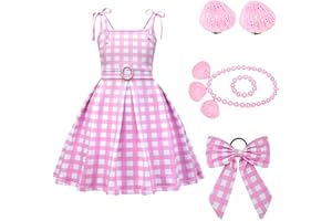 shengo Girls Pink Costume Dress, Movie Cosplay Margot Robbie Dress Girls Pink Plaid Fancy Dress Outfit With Accessories, Halloween Christmas Dress Outfit Dress Up
