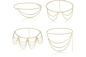 LOLIAS 4 Pièces Ceintures Chaîne Ventre pour Femmes Filles Chaînes de Taille Multicouches Chaînes de Corps Dorées pour Été Plage Bikini Costume Chaîne Corps Bijoux 90-130cm Or