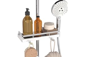 GOOPOOL Mensola Doccia Senza Foratura Portasapone Doccia, Supporto per Accessori da Bagno con 2 Ganci e Supporto per Doccia, Adatto per Aste da Doccia 20mm-25mm Bianco