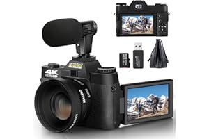 NBD Cámara Digital 4K 48MP compacta, cámara de vlogging con Pantalla abatible de 180 Grados, Lente Gran Angular, Lente Macro, 2 Pilas y Tarjeta TF de 32 GB (Cambiar la Lente, Negro)