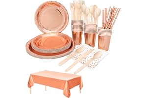 TZPAUG 193 PCS Vaisselle de Fête D'anniversaire, Party Supplies Set, élégante Assiette Rose Gold Tasse Serviette Papier Paille pour Mariages Fête de Noël Baby Shower,24 Invités