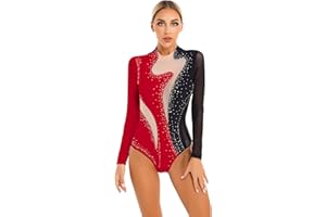 Mufeng Damen Turnanzug Langarm Gymnastikanzug mit Strass Glitzer Akrobatik Anzug Tanzbody Ballettbody Training Wettkampf Tanzkleidung