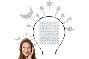COLOFALLA Serre-Tête Pailleté et Strass Autocollants Motif Lune et Étoile Bandeau Argentés Cheveux Fête Accessoires Décoration Anniversaire Mariage Carnaval