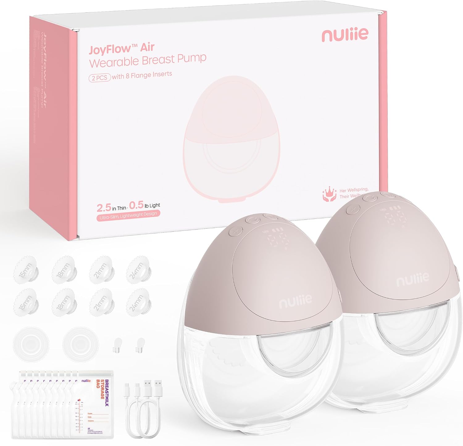 Nuliie JoyFlow Air - Sacaleche eléctrico, ultrafino y ligero, extractor de leche portátil manos libres, 3 modos & 12 niveles, silencioso y sin BPA, brida de 27 mm y puntas 15/18/21/24 mm (2 paquetes