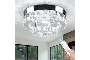 Cainjiazh Dimmable Crystal Double Round Chandelier Flush Mount Ceiling Light Lamp Fixture for Dining Room Living Room Bedroom Hallway With Remote Control
