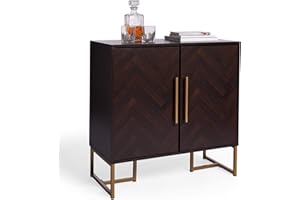 Spinningfield Dark Wood Sideboard - Storage Cabinet with Parquet Design Walnut Veneer - 2 Door Chevron Storage Unit w/Gold Handles & Legs - Buffet Cabinet For Living Room & Dining Room - York