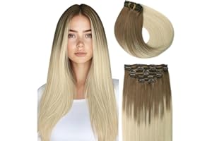 SURNEL Extensiones de Clip de Pelo Natural, Castaño Ceniza a Platino 100g 35cm 6 Piezas Extensiones Pelo Natural Remy Cabello Humano Double Weft Extensiones de Clip(C#8T60-35cm)
