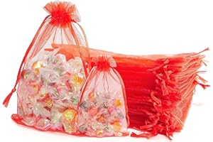 AHOMAME 50Pcs Small Red Organza Gift Bag 7x9cm Jewellery Pouches Organza Bag Party Favour Candy Drawstring Bag for Wedding, Birthday, Anniversary, Christmas