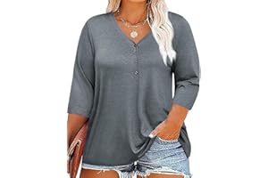 Fisoew Damska koszulka z długim rękawem 3/4, z dekoltem w serek, górna część z guzikiem, oversize, krótki rękaw