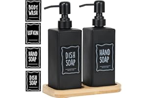 LuHeToz 16OZ Modern soap Dispenser Set with Bamboo Tray and Stainless Steel Pump and Four Waterproof Labels. Luxury Soap Bottle for Kitchen,Bathroom. (2, Black 2pack)
