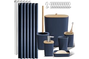 Clara Clark Bathroom Accessories Set - Bathroom Accessory Set with Shower Curtain Set, Toilet Brush, Trash Can & Soap Dispenser (Navy Blue, Complete Set)