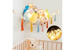 LOAOL Toy Hammock with Lights Storage Net for Stuffed Animals, Rainbow Macrame boho Teddy Hammock, Wall Corner Storage for Kids Room Decor, Hanging Toy Organizer