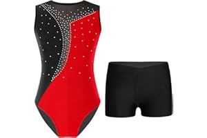 Oyolan Enfant Fille Justaucorps Gymnastique Strass Imprimé avec Short Gym Danse Patinage Entraînement Performance Costume Spectacle 5-16 Ans