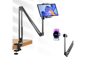 Phieeseriy Tablet Ständer für Bett, Tablet Halterung Bett 360 Grad Drehbarer Kompatibel mit iPad Pro 12,9/Mini/Air, Handy Gelenkarmhalterung mit Telefonclip & 1/4-Zoll Schraube, Overhead Stativ Handy