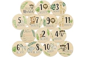 AJINACIOUS 7 Pcs Baby Milestone Cards, Wooden Milestone Baby Cards, Double-Sided Wooden Monthly Newborn Welcome Signs, 10cm Round Month Baby Milestone Signs for New Parents Gift Set (Animal Theme)