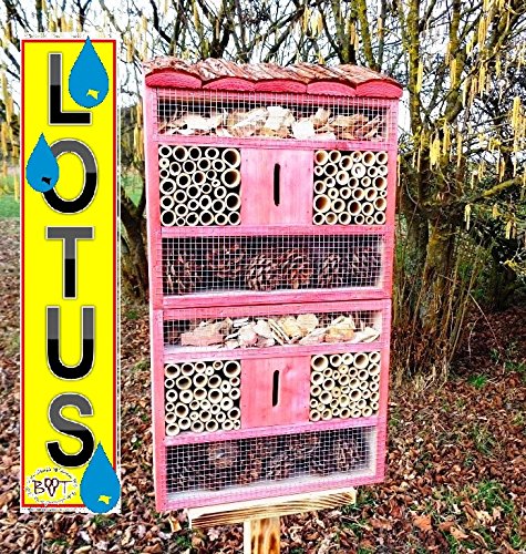 insektenhotel MIT STÄNDER, mit Naturdach, mit Spezialoberflächenbeschichtung „LOTUS“, FDV-HOLO-MS in hellrot PINK, ROSA Schmetterlingskasten Schmetterlinge Schaukasten als Ergänzung zum Meisen nistkästen Meisenkasten oder zum Vogelhaus Vogelfutterhaus Futterstation für Vögel Insektenhäuschen – insektenhotels - 2