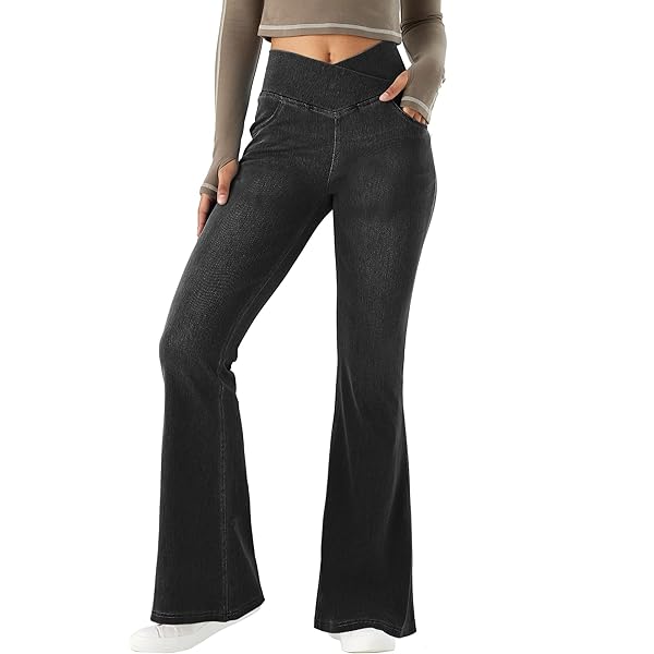 Pantaloni Yoga Donna Vita Alta Con Stampa Jeans - Leggings Svasati Con Tasche Per Fitness E Casual - Foto 10