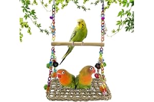 Vehomy Bird Seagrass Swing Toy with Wood Perch Bird Parrot Trapeze Swing Seagrass Bird Climbing Hammock Bird Perch Stand Chewing Toy for Lovebird, Cockatiel, Budgie, Conure Parrotlet, Parakeets