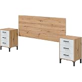Mobelcenter, Headboard and 2 Bedside Tables with 3 Velvet Drawers, Double Headboard, Colour Nodi Oak and Artik White, Dimensi