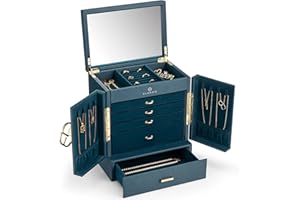 Vlando Joyero grande vintage de 6 niveles, organizador de joyas grande XXL con espejo, cajones, almacenamiento de joyas para mujer, joyero para pendientes, cadenas, relojes