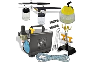 AMUR Profi-Airbrush Set Car Design I mit sehr leisem Airbrush Kompressor, 2 Pistolen, Manometer Halter, 3 in 1 Cleaning Pot, 5Stck. Reinigungsbürsten sowie Kleinzubehör