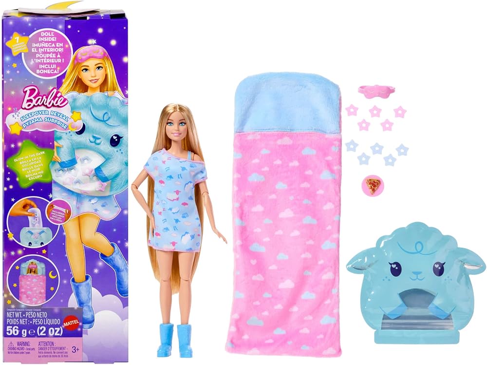 Barbie Parti Paketi bebek ve aksesuarlar, Pijama Partisi Serisi, karanlıkta parlayan aksesuarlar ve mavi pijamalı bebek dahil 7 sürpriz, JMR88